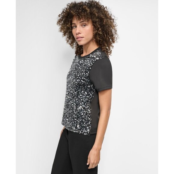 DKNY Women's Crewneck Short-Sleeve Sequin Blouse Black Size M SALE $89 - Picture 3 of 5